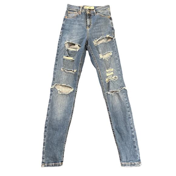 Topshop Denim - Topshop Moto-Jamie Womens Skinny Jeans-Med Wash Blue-Distressed-W26xL32